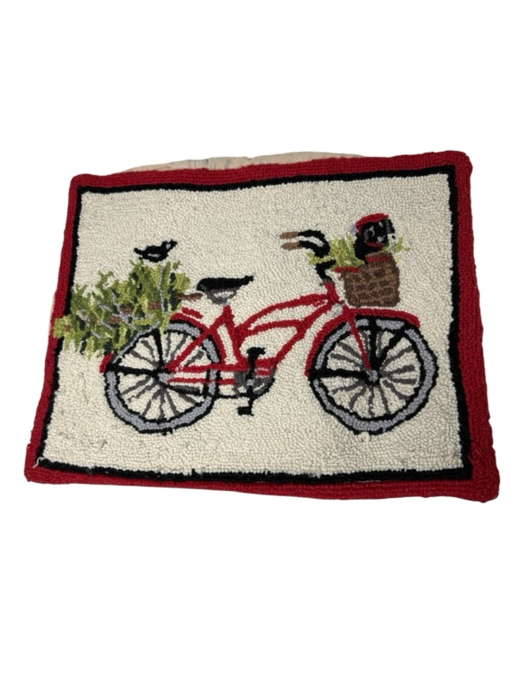 Red Bicycle Hooked Accent Pillow Cover with Cream Background